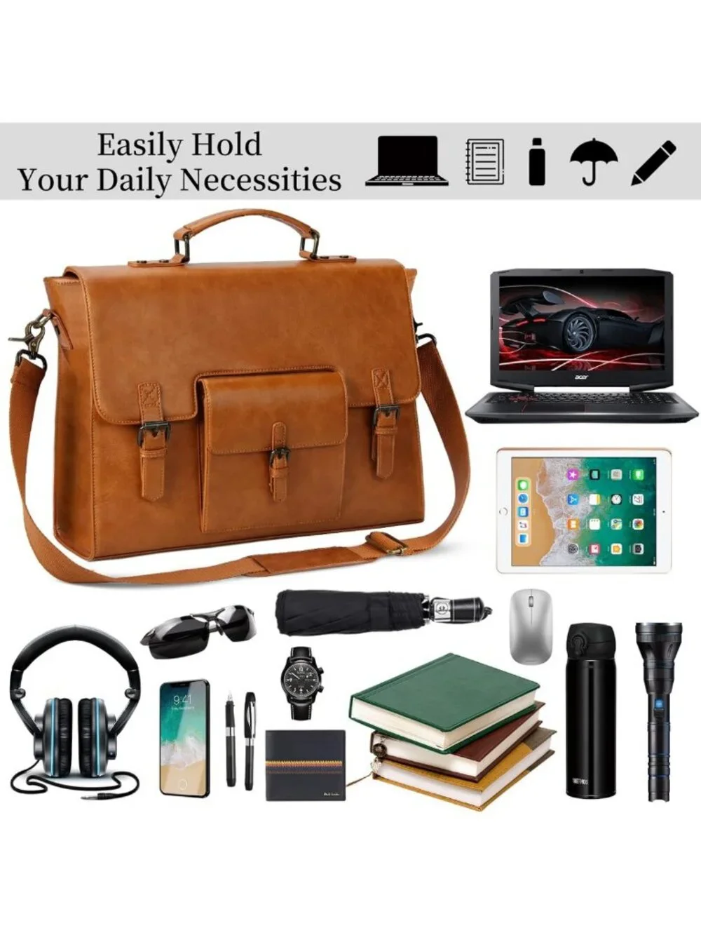 Vintage Leather Messenger Bag for Men - 15.6